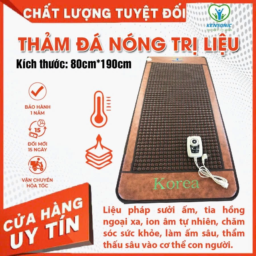 Thảm đá nóng Hàn Quốc cao cấp dưỡng sinh tốt cho sức khỏe KT 80x190cm đá nâu tròn hiệu Kensonic, tặng kèm gối đá nóng.